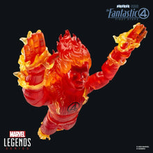 Human Torch action figure side view with raised fists, red suit with fiery highlights