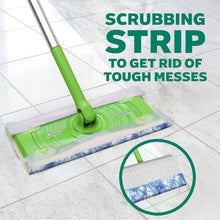Swiffer sweep-and-mop mop head with green base and blue-and-white scrubbing cloth strip