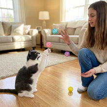Cat playing with multicolor lattice bell balls while a person kneels nearby