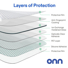 Layered glass screen protector cross-section with hard glass and adhesive layers