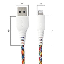 onn braided Lightning to USB cable, white connectors with size diagram
