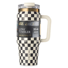 Stainless steel Luna tumbler with handle, cream and black check pattern, clear dual-straw lid