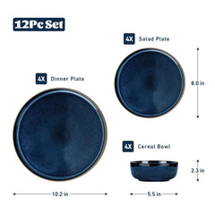 Famiware Nature 12-Piece Dinnerware Sets, Stoneware Dish Set, Midnight Blue