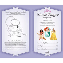 Open storybook spread with music player instructions and a table of contents