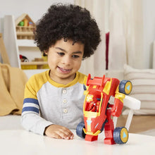 Red-and-yellow mech suit toy with seated figure and four side wheels