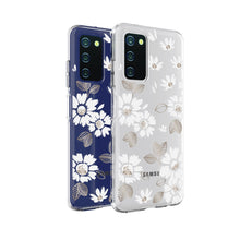 Phone case set with blue and clear/white floral designs, camera cutouts