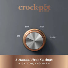 Slow cooker control dial showing LOW, HIGH, OFF, and WARM settings