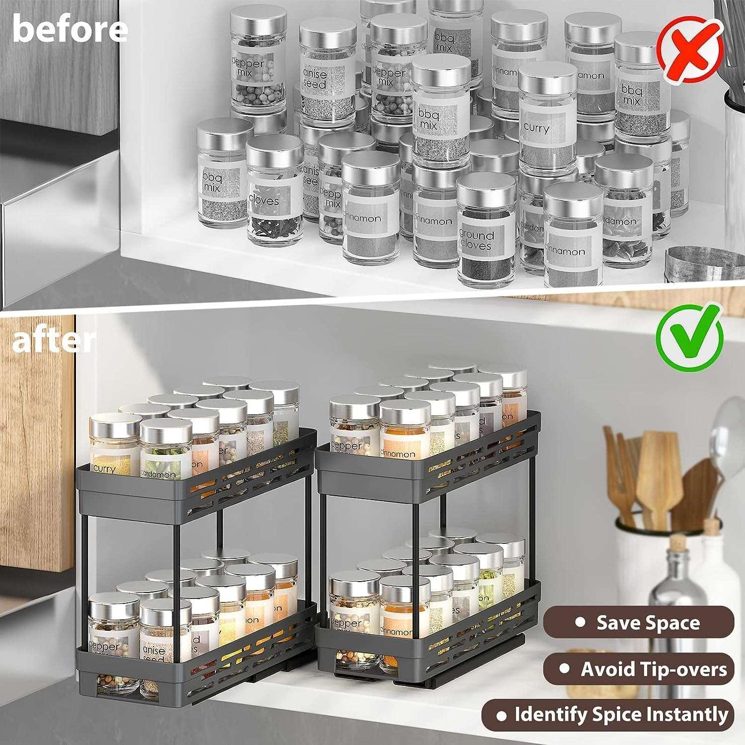 AOKIWO 2 Packs Pull Out Slide-Out Spice Rack Organizer for Cabinets,Multi-Purpose Kitchen Cabinet Organizer, Suitable for Cabinet Size 12"Hx11"Dx5"W, Black
