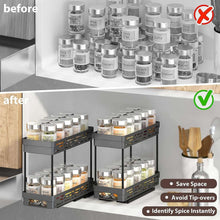 Pull-out spice rack organizer holding small spice jars on cabinet shelves