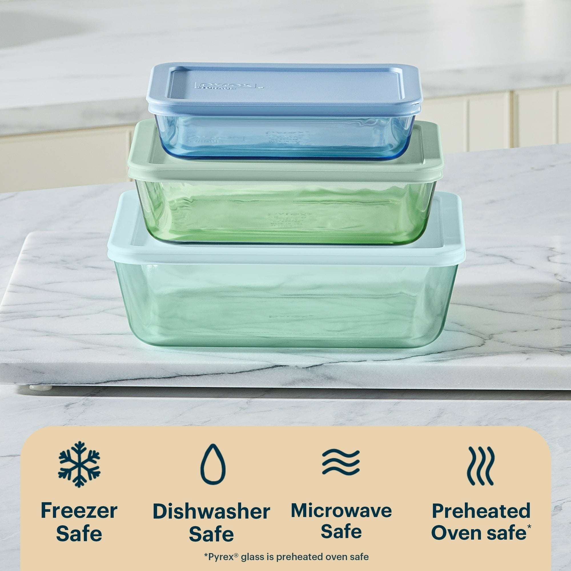 Pyrex Simply Store Tinted 6-piece Rectangle Storage Set with Plastic Lids, Green/Blue/Aqua