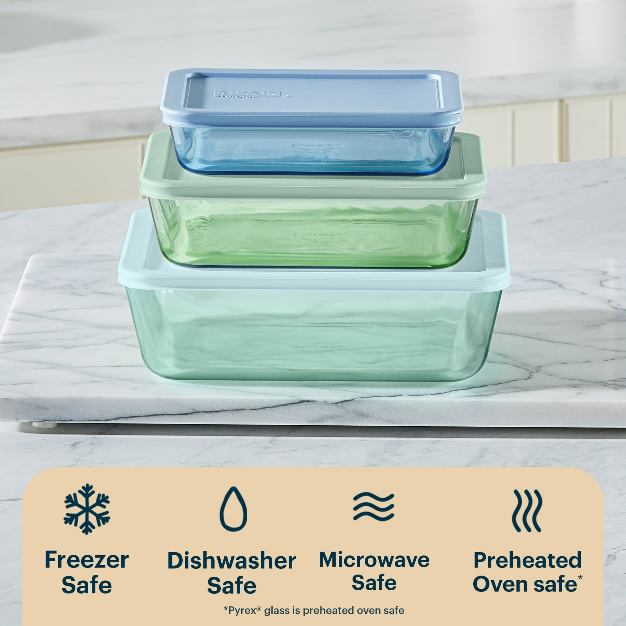 Pyrex Simply Store Tinted 6-piece Rectangle Storage Set with Plastic Lids, Green/Blue/Aqua
