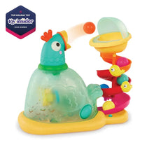 Chicken ball popper with glowing top hat and stacked red, pink, and yellow rings