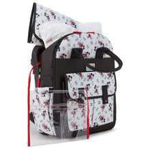 Black diaper bag with clear front organizer and Mickey print panels