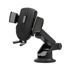 Black extendable car phone mount with four-way base and gripper arms