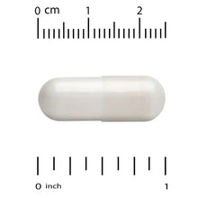 White two-piece taurine capsule, side view with size scale markings