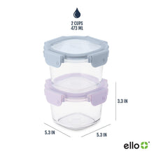 Clear glass food storage containers with blue and purple leak-proof lids, 2 cups