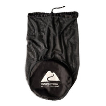 Black sleeping bag storage sack with drawstring top and circular logo patch