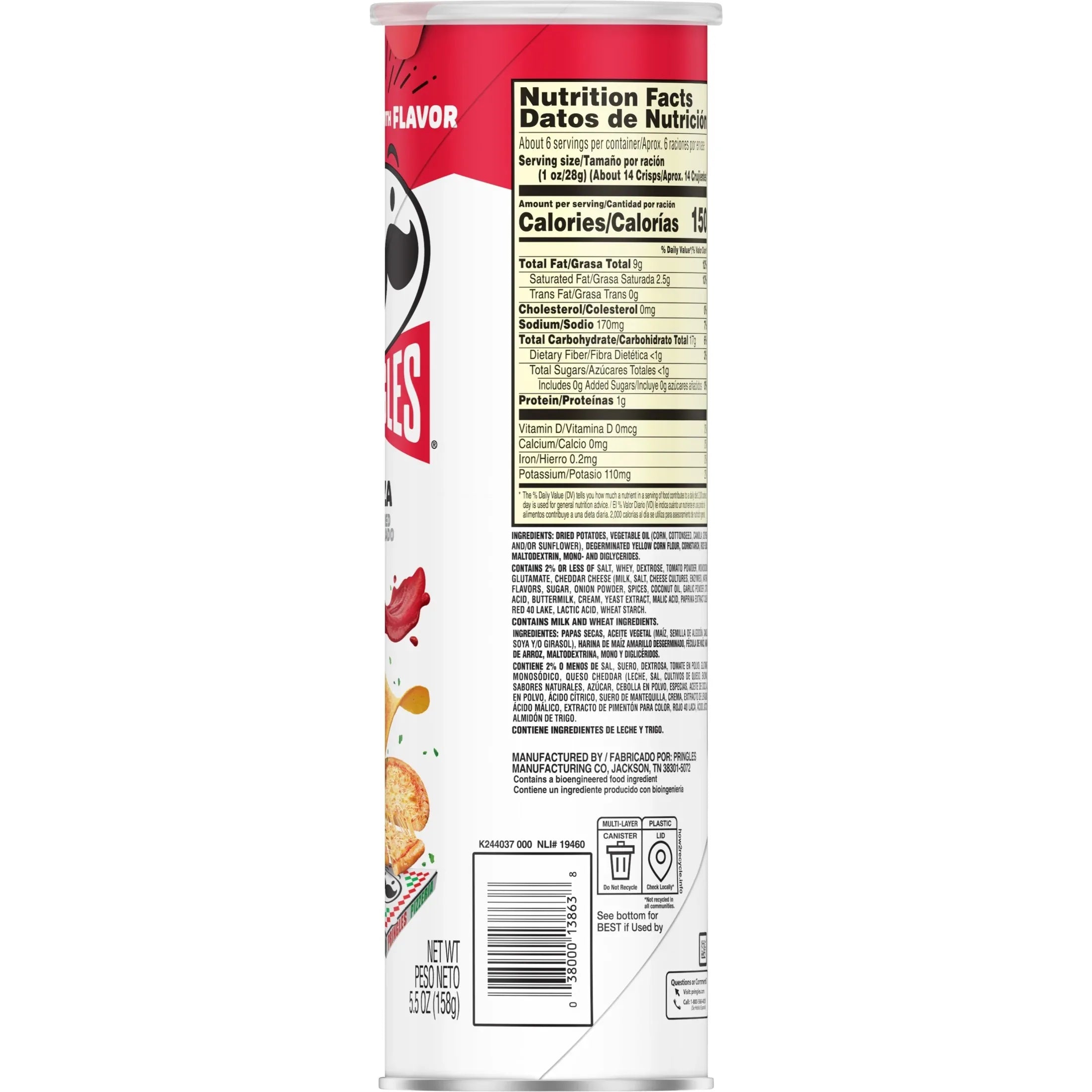 Pringles Pizza Potato Crisps Chips, Lunch Snacks, 5.5 oz Canister