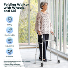 Silver folding walker with rear legs and front wheels, standing on indoor floor