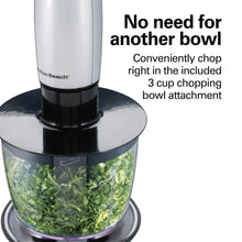 Immersion blender chopping bowl attachment with blending wand inserted