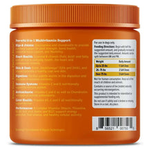 Dog multivitamin bite supplement jar with orange lid and white label on back
