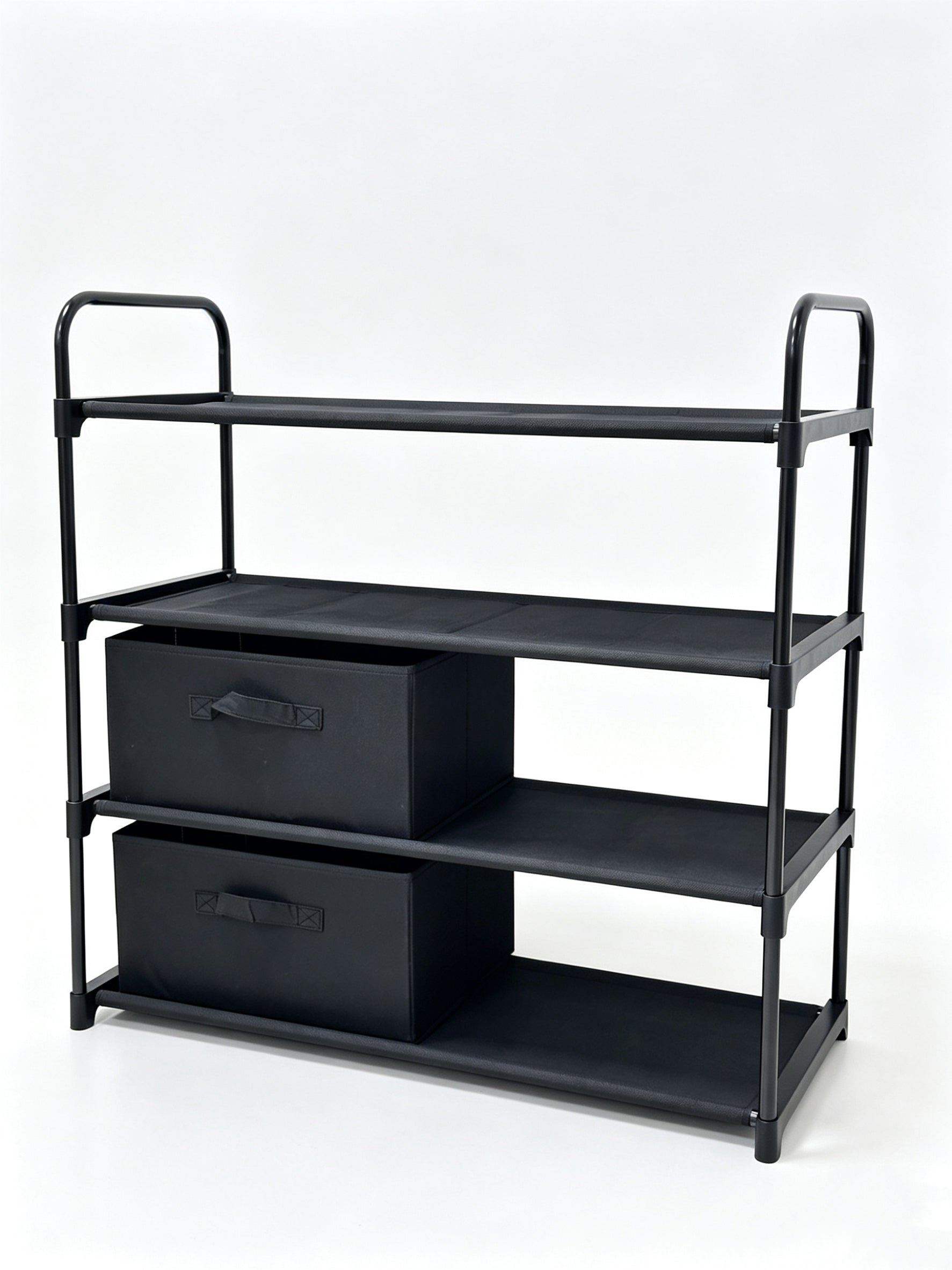 Mainstays 4 Shelf Closet Storage Organizer for Clothes with 2 Fabric Bins, Black, Metal Frame