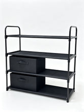 Black 4-shelf closet organizer with two fabric bins on metal frame