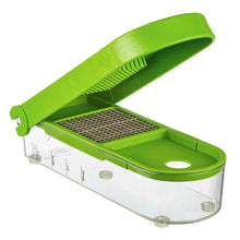 Green and white onion chopper with clear container and cutting grid, lid open