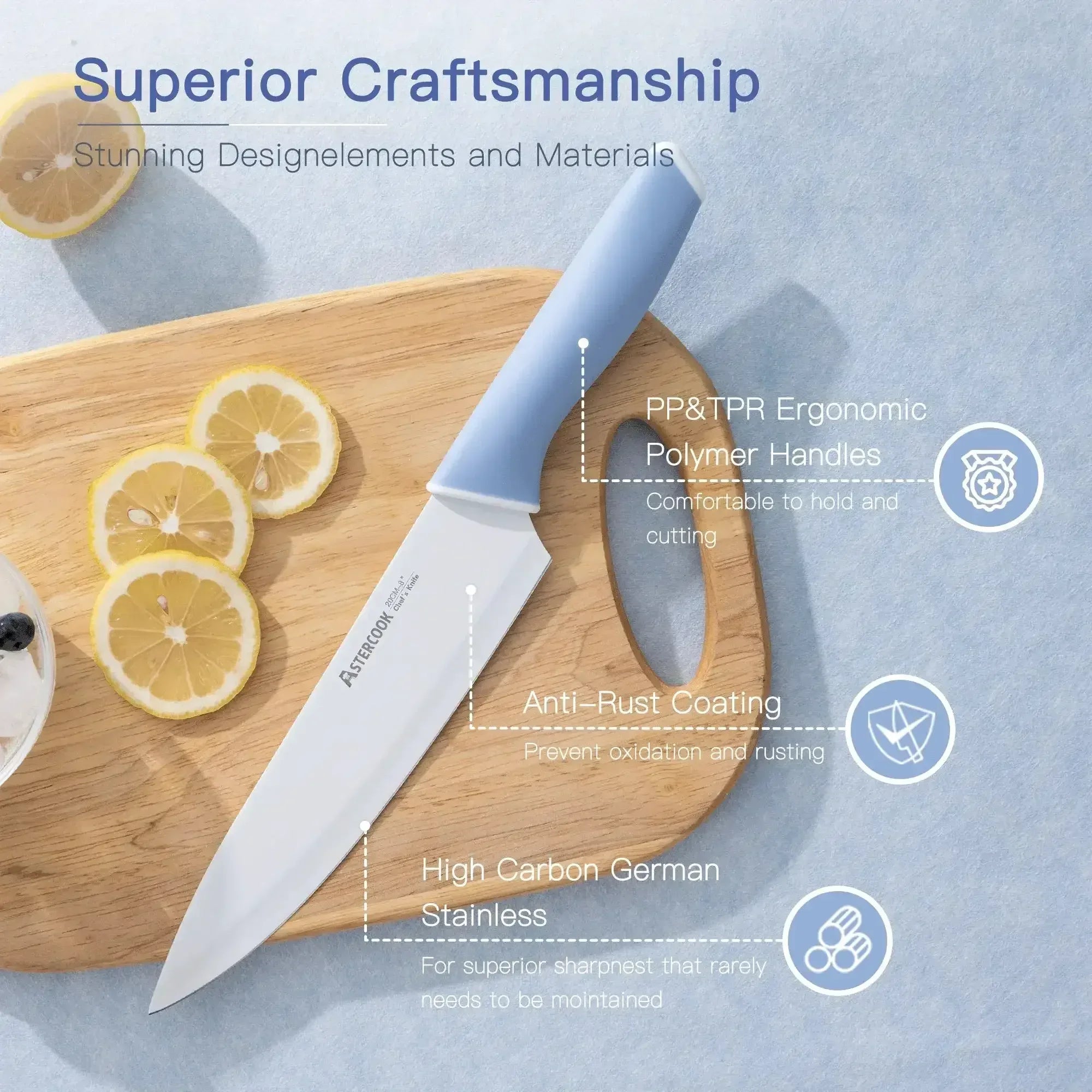 Astercook Knife Set, 14 Pieces Kitchen Knives Set with Healthy Anti-Rust Coating, Stainless Steel Knife Sets with Built-in Sharpener, Sharp & Rust Resistant Dishwasher Safe