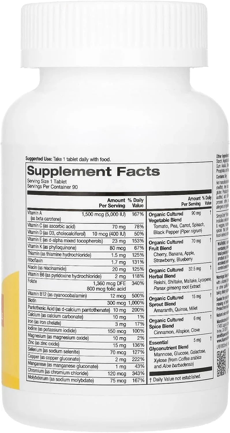 Super Nutrition, SimplyOne®, Whole Food Multivitamin with Vitamin A, C, Minerals, and Enzymes, 90 Tablets