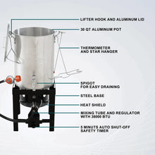 Turkey fryer diagram showing aluminum pot, lid, spigot, thermometer and black steel base