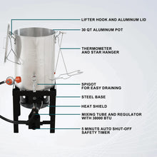 Turkey fryer parts: aluminum pot with lid, thermometer, spigot, heat shield, regulator, base