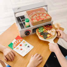 Wooden pizza counter set with pizza plate, toppings, and condiment jars