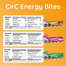 Energy bite nutrition info panel with resealable bar packs in green, purple, and brown