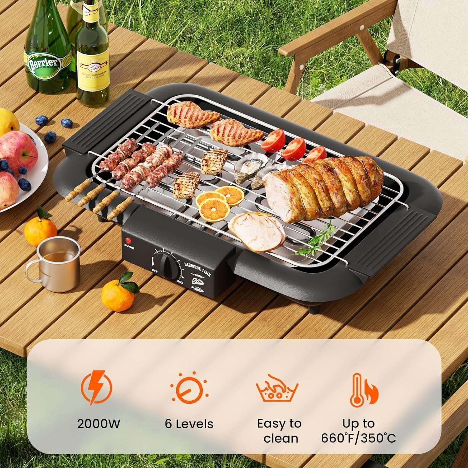 LASIEYO Electric Smokeless Grill, Non-Stick BBQ Grill Indoor Outdoor Barbecue Grill, Adjustable Temperature Control High Power Portable Removable Stand Grill for Cooking BBQ Party, Black - USA MEGA SHOP