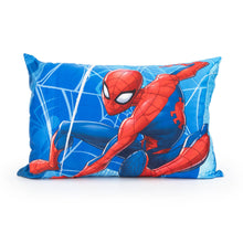 Spider-Man-themed blue pillow with red web and character graphics