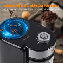 VAVSEA electric burr coffee grinder with blue-lit upper burr chamber and grind dial