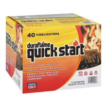 Duraflame Quick Start fire starters box, 40 pack, yellow with flame graphics.