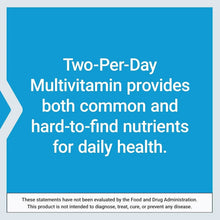 Multivitamin info panel: “Two-Per-Day” provides common and hard-to-find nutrients.