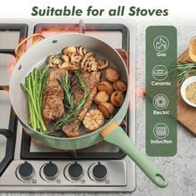 Green nonstick frying pan with cooked meat and vegetables on a stovetop
