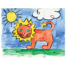 Mixed media journal cover art featuring an orange lion, sun, and blue sky.