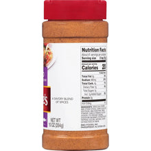 Taco seasoning blend bottle back label with Nutrition Facts and spice blend