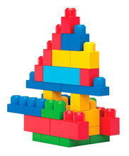 Colorful plastic building tower with red and blue top, yellow center, and green and red base