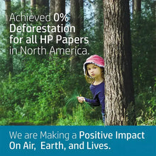 HP paper promo with 0% deforestation claim and positive impact message.