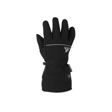 Black softshell gloves with logo patch and wrist strap detail