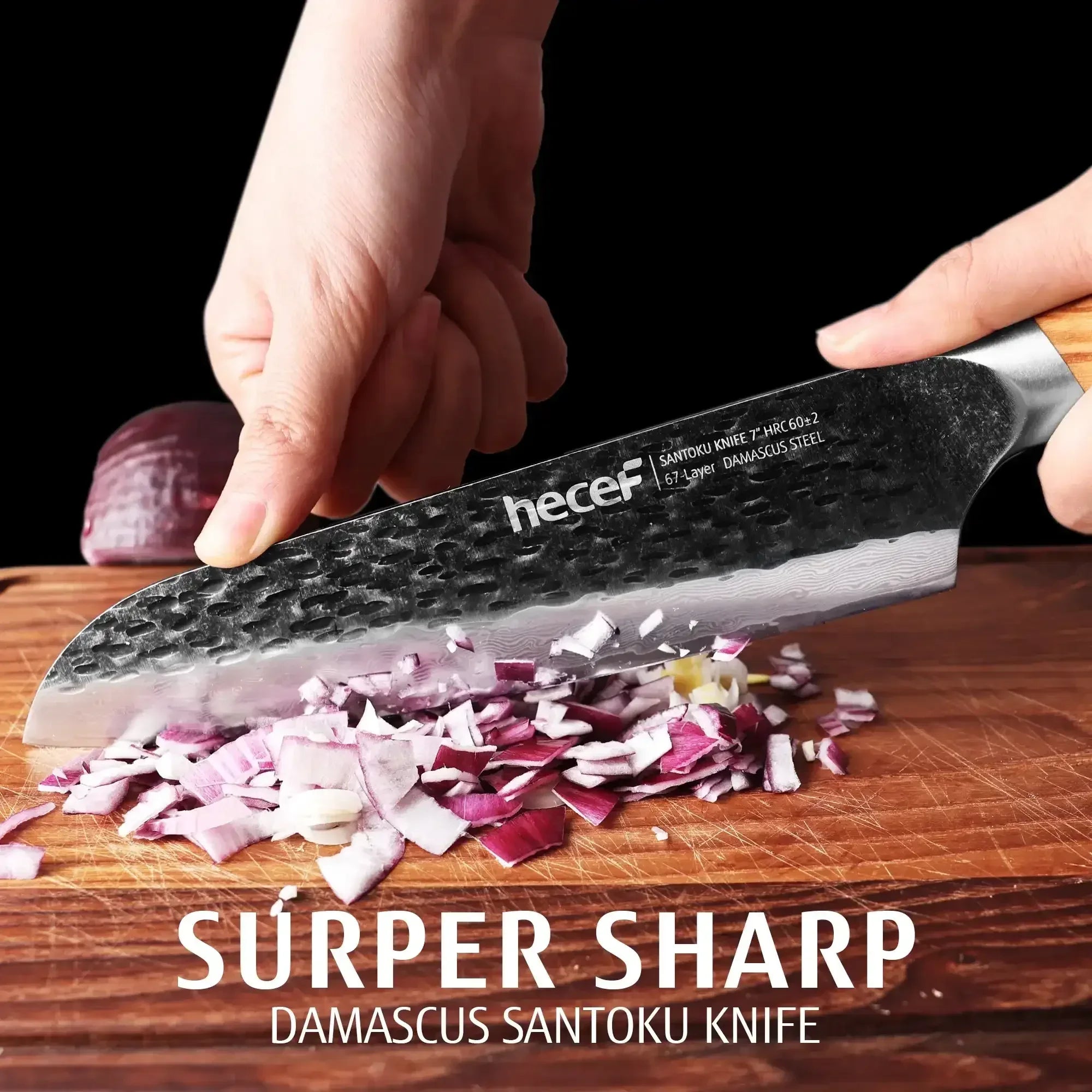 Hecef Japanese Chef Knife, Forged 67-Layer Damascus Steel Ultra Sharp Professional Hammered Carving Knife