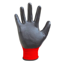 Black nitrile-coated glove with red knit cuff and textured grip surface