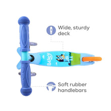 Wide sturdy deck scooter with soft rubber handle grips and blue patterned frame