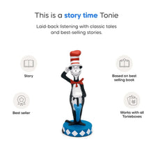 tonies Cat in the Hat figurine on blue base with feature icons on info card