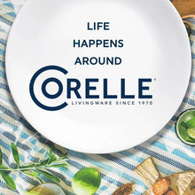 White Corelle glass dinner plate with blue 'LIFE HAPPENS AROUND CORElle' logo